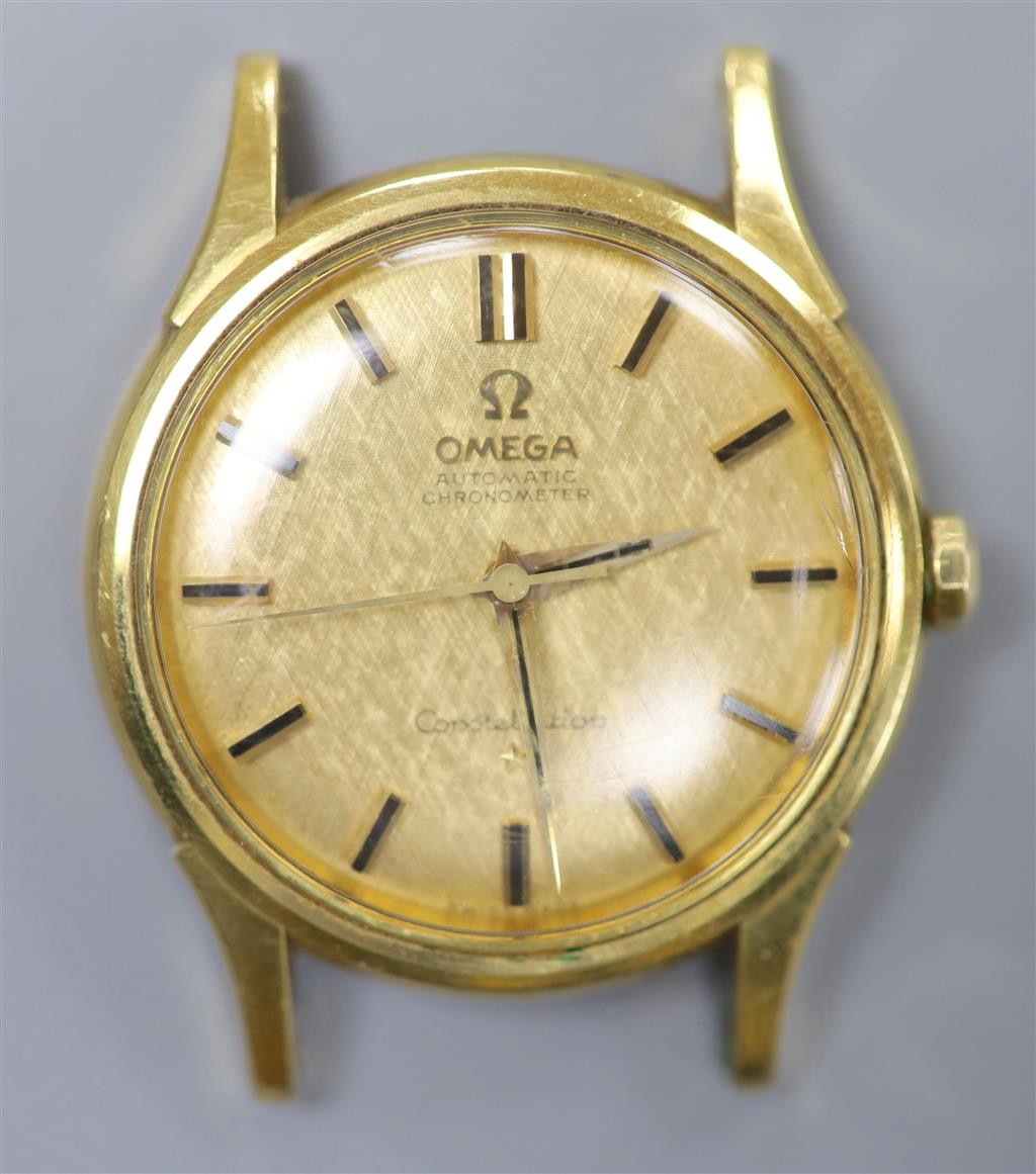 A gentlemans 18ct gold Omega Automatic Chronometer Constellation wrist watch, on leather strap with Omega buckle stamped 750.